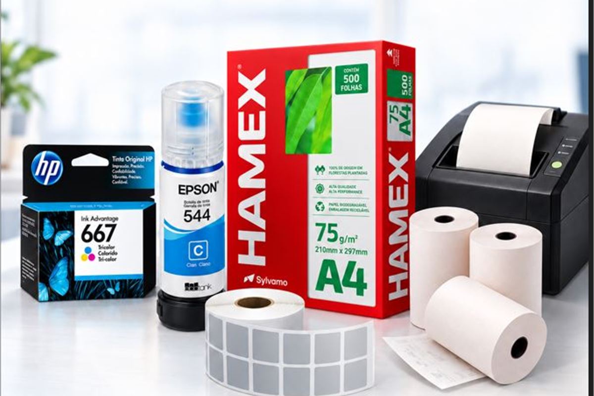 Papel, cartuchos, bobinas e etiquetas para impressão