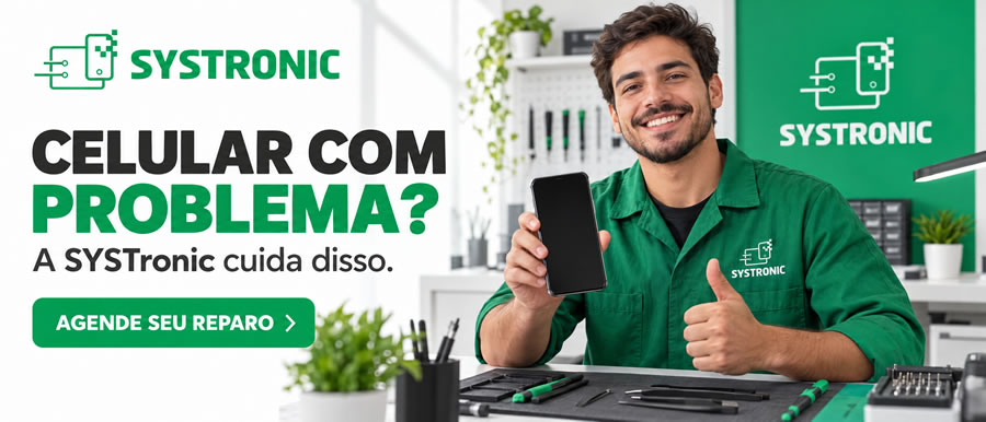 Banner da Systronic para conserto de celular em São Borja, com técnico segurando um smartphone.